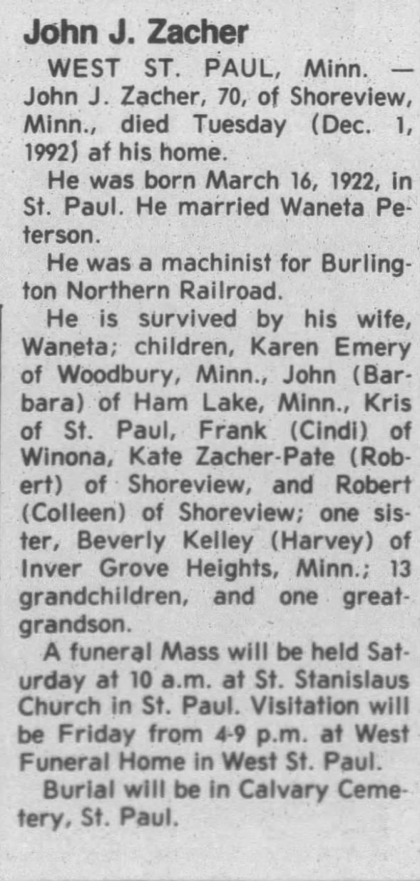 Obituary for John J. Zacher, 1922-1992 (Aged 70)